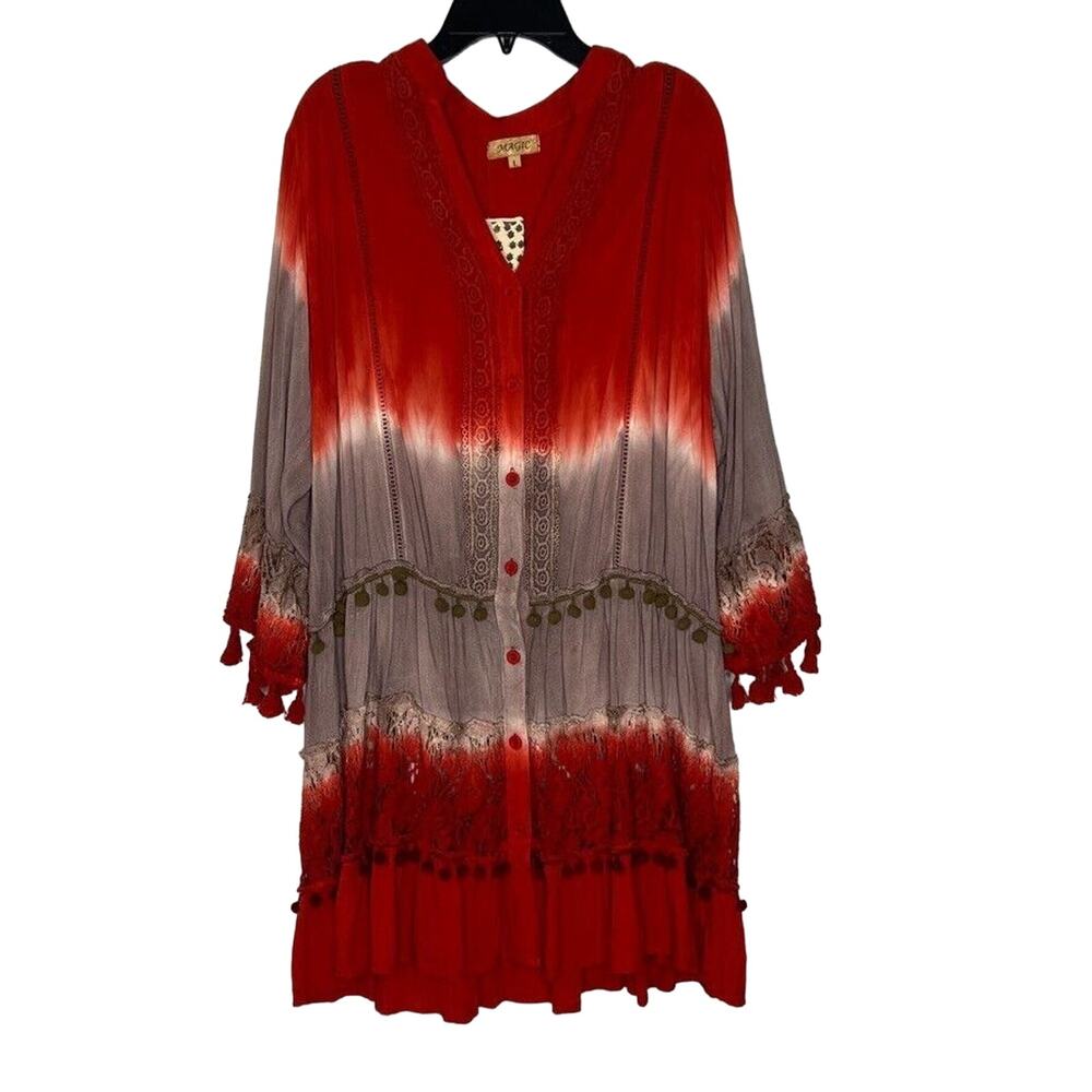 Magic Women's L Tie-Dye Boho Kimono Dress Lace Trim and Pom Pom Accents NEW